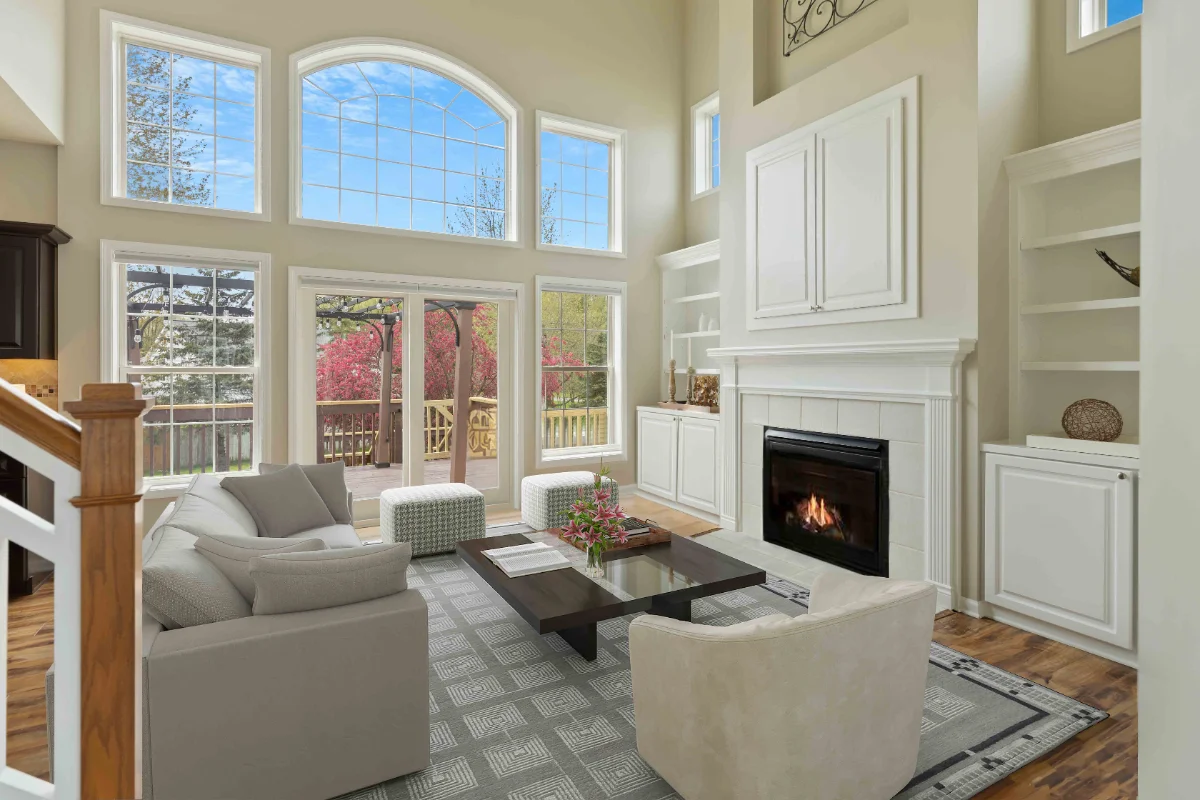 Spacious living area with smooth ceiling, hardwood floors and contemporary seating after Fotober virtual renovation service