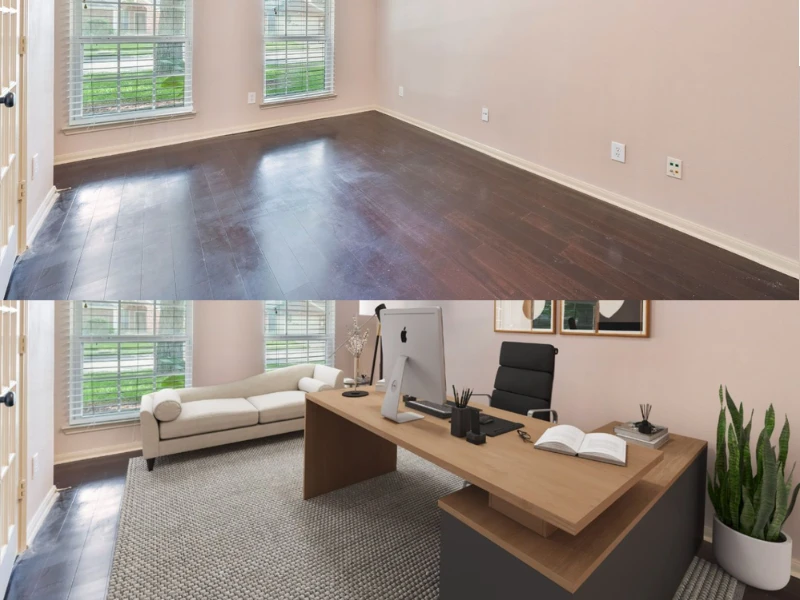 A functional and stylish home office ready for remote work, featuring a well-organized workspace and professional ambiance.