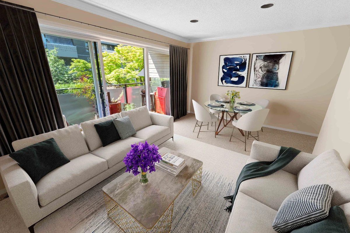 Clean modern living room with beige sectional sofa, wall-mounted TV, wooden console and minimalist decor after virtual renovation transformation