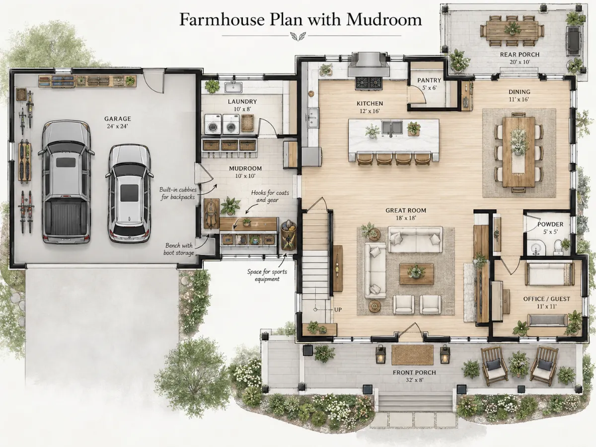 Farmhouse Floor Plans Small Mudroom