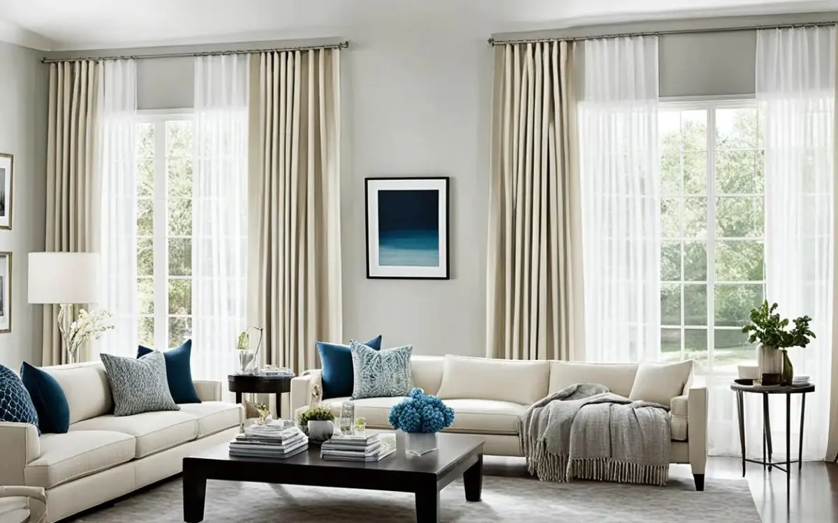 Light curtains framing a large window to create an open and airy space