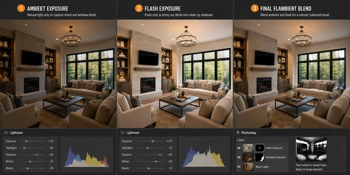 How to mix flash with ambient light by blending exposures in editing