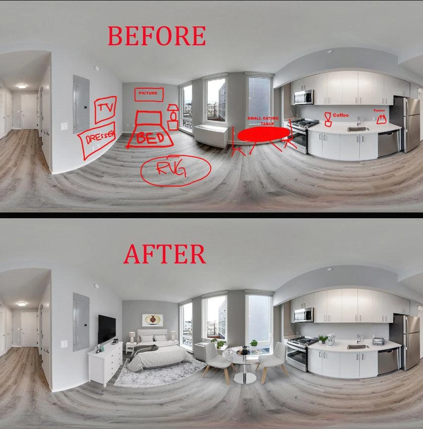 Before and after virtual staging showcasing the transformation of a space.
