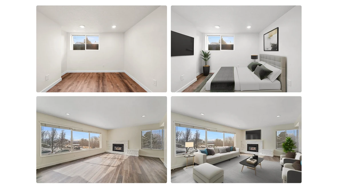 Before and after of virtual staging using Photoshop, enhancing room interiors.